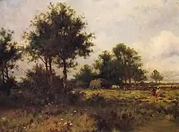 A pastoral oil painting, with warm tones. In the foreground, there are small flowers near a murky pond. A dark patch of trees divides them from the black field workers who are working in the sunlight further back. A cart full of hay stands against another set of trees.