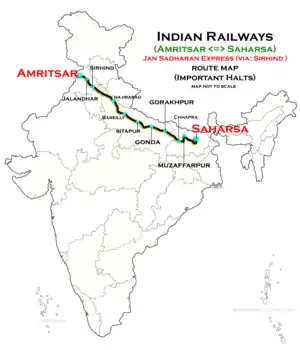 (Amritsar–Saharsa) Jan Sadharan Express (via Sirhind) route map