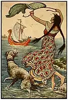 "The black-browed maid stood upon the bank as the red ship ... sailed away from Novgorod"Illustration for Russian Fairy Book (1916).
