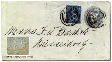 Image 12A postal stationery envelope used from London to Düsseldorf in 1900, with additional postage stamp perfinned "C & S" identifying the user as "Churchill & Sim" per the seal on the reverse shown on inset. A perfin, the contraction of 'PERForated INitials', is a pattern of tiny holes punched through a postage stamp. Organizations used perforating machines to make perforations forming letters or designs in postage stamps with the purpose of preventing pilferage. It is often difficult to identify the originating uses of individual perfins because there are often no identifying features but when a perfin is affixed to a cover that has some user identifying feature, like a company name, address, or even a postmark or cancellation of a known town where the company had offices, this enhances the perfin.