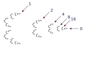 The 2-adic integers. Showing all of the 2-adic rationals would include an infinite sequence of clumps moving to the left of the figure.