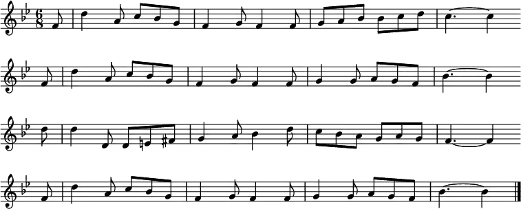 \new Staff <<
\clef treble \key bes \major {
\time 6/8 \partial 8
\relative f' {
f8 | d'4 a8 c bes g | f4 g8 f4 f8 | g a bes bes c d | c4.~ c4 \bar"" \break
f,8 | d'4 a8 c bes g | f4 g8 f4 f8 | g4 g8 a g f | bes4.~ bes4 \bar"" \break
d8 | d4 d,8 d e fis | g4 a8 bes4 d8 | c bes a g a g | f4.~ f4 \bar"" \break
f8 | d'4 a8 c bes g | f4 g8 f4 f8 | g4 g8 a g f | bes4.~ bes4 \bar"|." %repeat of the second line - if these two aren't the same, then it means somebody has vandalized ...
}
}
%\new Lyrics \lyricmode {
%}
>>
\layout { indent = #0 }
\midi { \tempo 4. = 54 }