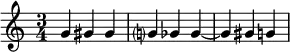 {
\relative c'' {
\time 3/4
g4 gis gis | g? ges ges~ | ges gis g
}
}