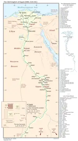During the Old Kingdom of Egypt (circa 2700 BC β circa 2200 BC), Egypt consisted of the Nile River region south to Abu (also known as Elephantine), as well as Sinai and the oases in the western desert. with Egyptian control/rule over Nubia reaching to the area south of the third cataract.