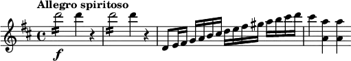 \relative c''' {
\tempo "Allegro spiritoso"
\key d \major
d2:16\f d4 r |
d2:16 d4 r |
d,,8 e16 fis g a b cis d e fis gis a b cis d |
cis4 <a a,> q
}