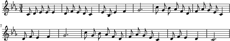{
% 0
\set Score.tempoHideNote = ##t \tempo 4 = 72 \set Staff.midiInstrument = #"flute"
\numericTimeSignature \time 3/4 \key c \minor \autoBeamOff
c'8 d'8 ees'8 ees'8 ees'4 d'8 f'8 ees'8 d'8 c'4 ees'8 bes8 ees'4 f'4 g'2.
% 2
c''8 g'8 bes'8 aes'8 f'8 d'8 f'8 aes'8 g'8 ees'8 c'4 d'8 f'8 ees'4 f'4 g'2. c''8 g'8 bes'8 aes'8 f'8 d'8 f'8 aes'8 g'8 ees'8 c'4 d'8 f'8 ees'4 d'4 c'2.
\bar "|"
}