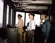 Bridge watch, USS&nbsp;Missouri (BB-63) shakedown cruise, 1944. Y1c Arthur Colton is at right.