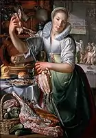 A Kitchenmaid, in the background Jesus in the house of Mary and Martha, 1620–25. Close to works by Pieter Aertsen, 103 x 72&nbsp;cm