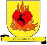 A coat of arms showing a crowned black stag in a red heart engulfed in orange flames on a field of yellow.