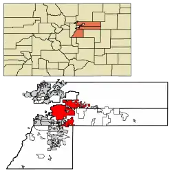 Location of the City of Aurora in Arapahoe (central), Adams (north), and Douglas (south) counties, Colorado.