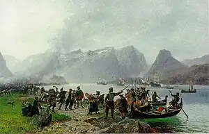 Painting by Adolph Tidemand in the style of Norwegian romantic nationalism of the Scottish landing at Isfjorden - the number of ships is inaccurate