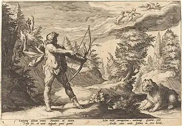 Arcas about to kill his mother, engraving by Hendrik Goltzius, 16th-17th century.