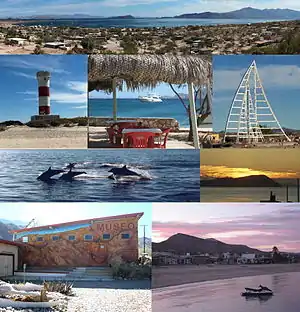 From top down: panorama of the bahia, Punta Arenas Lighthouse, harbor view, Sail Sculpture, dolphins, sunrise over Cabeza de Caballo, Museo de Naturaleza y Cultura, sunset behind Sierra de San Borja