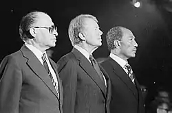 Image 46Celebrating the signing of the 1978 Camp David Accords: Menachem Begin, Jimmy Carter, Anwar Sadat (from Egypt)