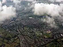 Hampton from the air, showing the Waterworks and reservoirs adjacent to the River Thames in top left of picture.
