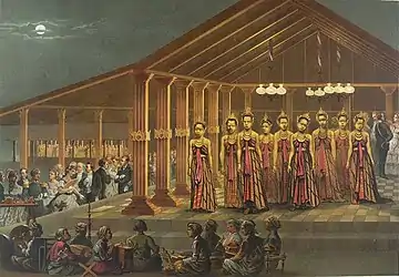 The court of the Sultan of Yogyakarta, c. 1876. Performance of Bedhaya Sacred Dance accompanied by Javanese Gamelan Ensemble.