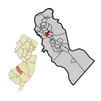 Location of Barrington in Camden County highlighted in red (right). Inset map: Location of Camden County in New Jersey highlighted in orange (left).