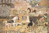 Charles Prendergast and Maurice Prendergast, The Spirit of the Hunt, before 1919, tempera, gold and silver leaf, and pencil on gessoed panel, 55 x 80½ in, private collection.