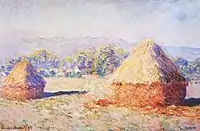 Two paintings from a series of grainstacks, 1890–91: Grainstacks in the Sunlight, Morning Effect