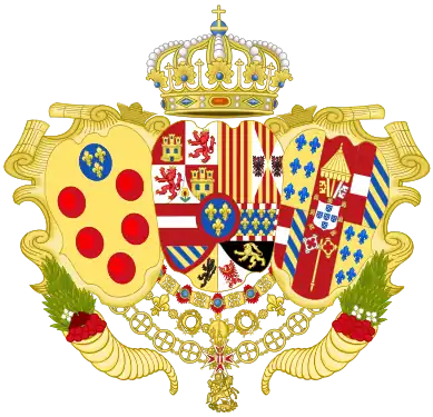 Coat of arms as Infante of Spain, Sovereign Duke of Parma, Piacenza and Guastalla, and Grand Prince and Heir of Tuscany(1731–1735)