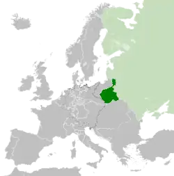 Map of Congress Poland, c. 1815, following the Congress of Vienna. The Russian Empire is shown in light green.