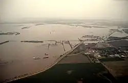 The community on June 16, 2011 during the 2011 Missouri River floods after a levee protecting it was breached. A second levee was built and held