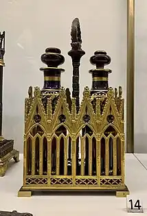 Cruets with flasks, unknown French maker, c.1835-1850, patinated and gilt bronze, silver?, flasks made of coloured glass, Museum of Decorative Arts, Paris