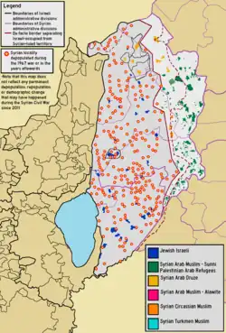 A demographic map of Quneintra Governorate (Golan Heights) overlaid with the location of the depopulated Syrian localities