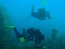 Two divers on a wreck. The one in the background is deploying an inflatable surface marker buoy as preparation for ascent