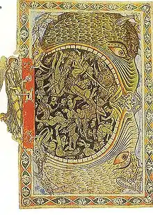 Hellmouth, locked by an archangel, from the Winchester Psalter of about 1150