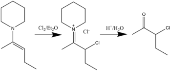 Chlorination/brominatio of enamines takes place in diethyl ether.