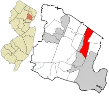 Location of Bloomfield in Essex County highlighted in red (right). Inset map: Location of Essex County in New Jersey highlighted in orange (left).