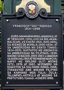 NHCP historical marker dedicated to Soc Rodrigo located at the Rodrigo ancestral house in Bulakan, Bulacan.