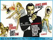 The upper centre of the poster reads "Meet James Bond, secret agent 007. His new incredible women&nbsp;... His new incredible enemies&nbsp;... His new incredible adventures&nbsp;..." To the right is Bond holding a gun, to the left a montage of women, fights, and an explosion. On the bottom of the poster are the credits.