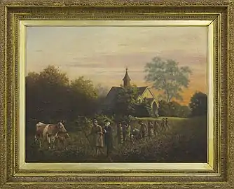 The Rev Richard Taylor with Hoani Wiremu Hīpango and family walking by the third Putiki Mission church.Artist: George Sherriff