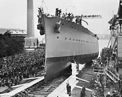 The light cruiser HMAS Adelaide being launched at Cockatoo Island Dockyard in 1918