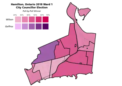 The poll-by-poll results for the Hamilton, Ontario Ward 1 city councillor election in 2018.