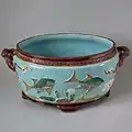 Coloured glazes fish and lilies jardiniere, naturalistic style.