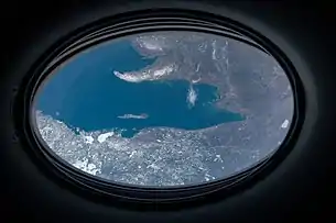 Snow on the peninsula; taken at 2:05:48 PM CST on April 3, 2021 from the ISS