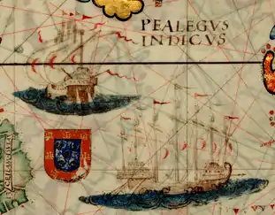 Cropped portion of Indian Ocean in the Miller Atlas, showing 2 jongs, one is a 6-masted ship viewed from aft, the other is a 7-masted ship. The ships are probably drawn as a reference to Pati Unus' flagship, owing to the number of sails and crescent moon symbol which represent Islam.