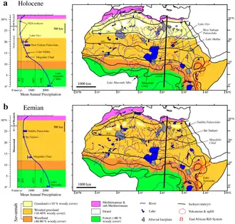 Image 8Vegetation and water bodies in early Holocene (top), between about 12,000 and 7,000 years ago, and Eemian (bottom) (from History of Africa)