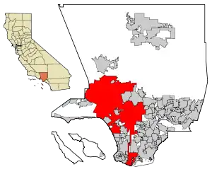 Los Angeles County with the City of Los Angeles in red. The Harbor Gateway is a two-mile wide north-south corridor that connects the Port of Los Angeles to the south with the rest of the city in the north (note the vertical red line).
