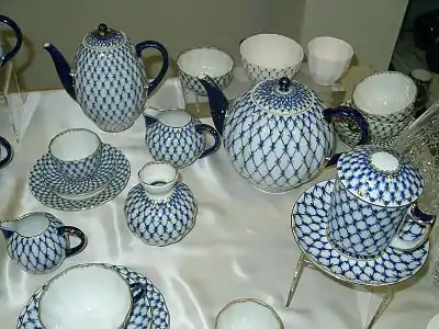 Russian porcelain of the cobalt net pattern, made with cobalt blue pigment. The Imperial Porcelain Factory in Saint Petersburg was founded in 1744. This pattern, first produced in 1949, was copied after a design made for Catherine the Great.