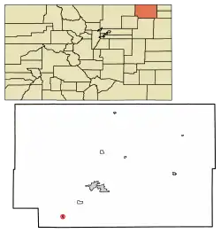 Location of Merino in Logan County, Colorado.