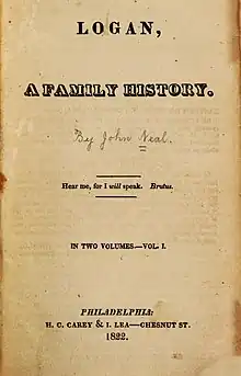 Black text on yellowed paper giving the title, author, and publication information for Logan