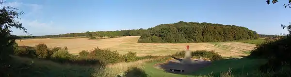 a view across a shallow valley with open fields to a wood in the middle distance. The sculpture in the foreground