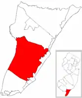 Location of Middle Township in Cape May County highlighted in red (left). Inset map: Location of Cape May County in New Jersey highlighted in orange (right).