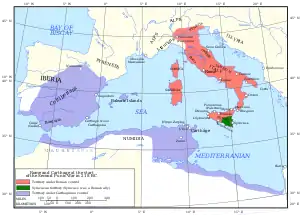 a map of the western Mediterranean region showing the territory controlled by Rome and Carthage in 218 BC