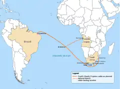 Route of the SAex submarine cable as planned in mid-2012