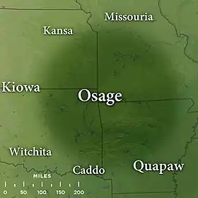 Map featuring traditional Osage influenced lands of the late 17th century; superimposed over present-day northwest Arkansas, southeast Kansas, southwest Missouri, and northeast Oklahoma